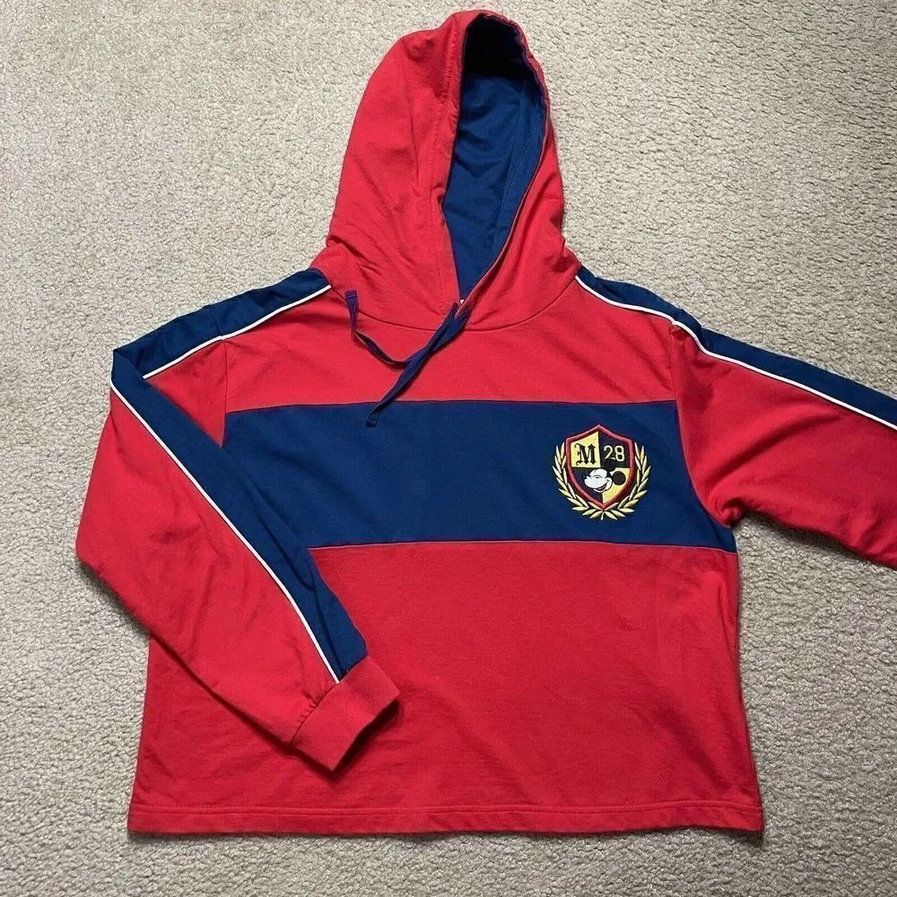 Mickey Mouse Hoodie Women XL Red Cropped Big Print Light Weight Sweater Ladies
